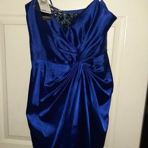 Adrianna Papell Blue Satin Twist Front Beads Dress